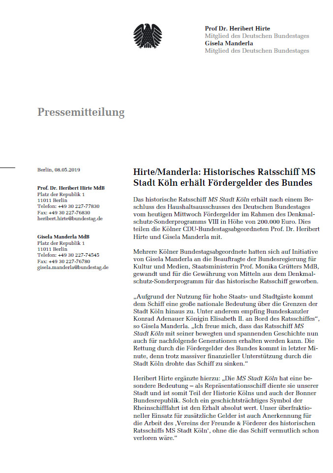 Abgeordnete des Bundestages schreiben Brief - Bewilligung von Bundesgeldern für die MS Stadt Köln
