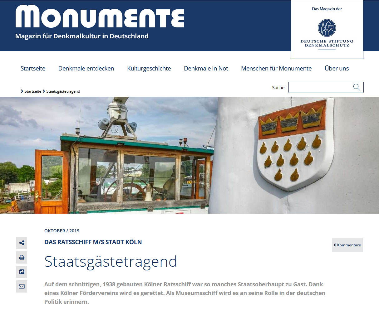 Artikel über die MS Stadt Köln in der Oktober AUsgabe der Zeitschrift Monumente