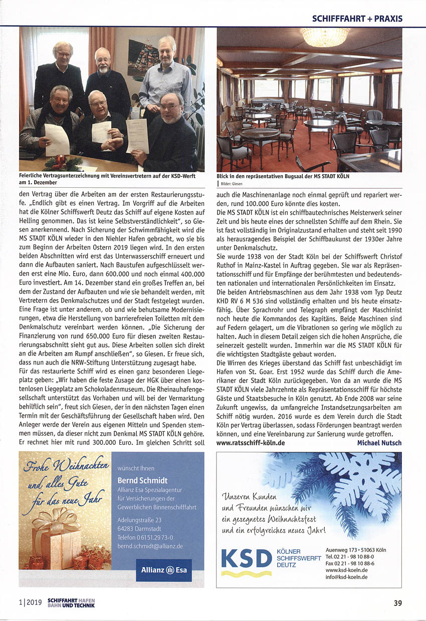 Artikel zur Restaurierung der MS Stadt Köln in der Zeitschrift SUT